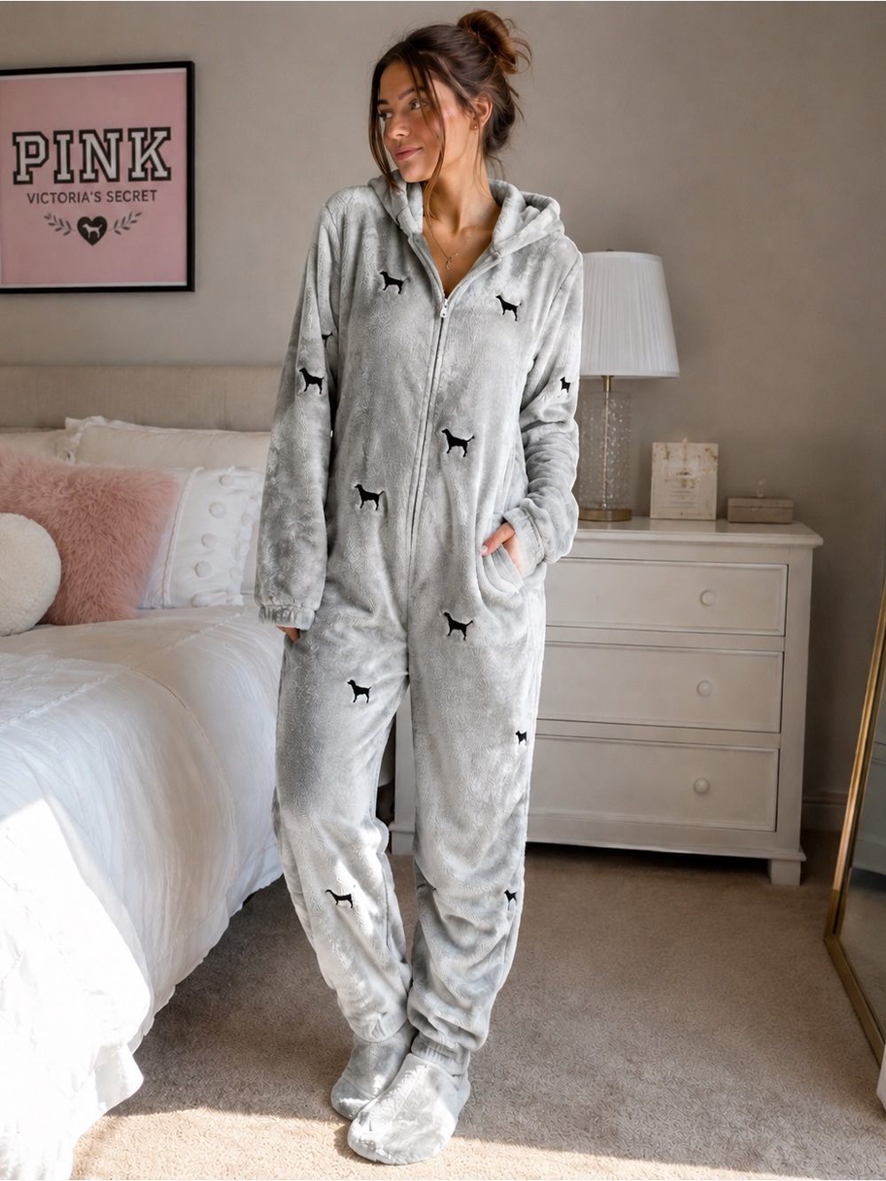 PINK Victoria’s Secret Plush Hooded Lounge Pajama Jumpsuit Gray XS/S